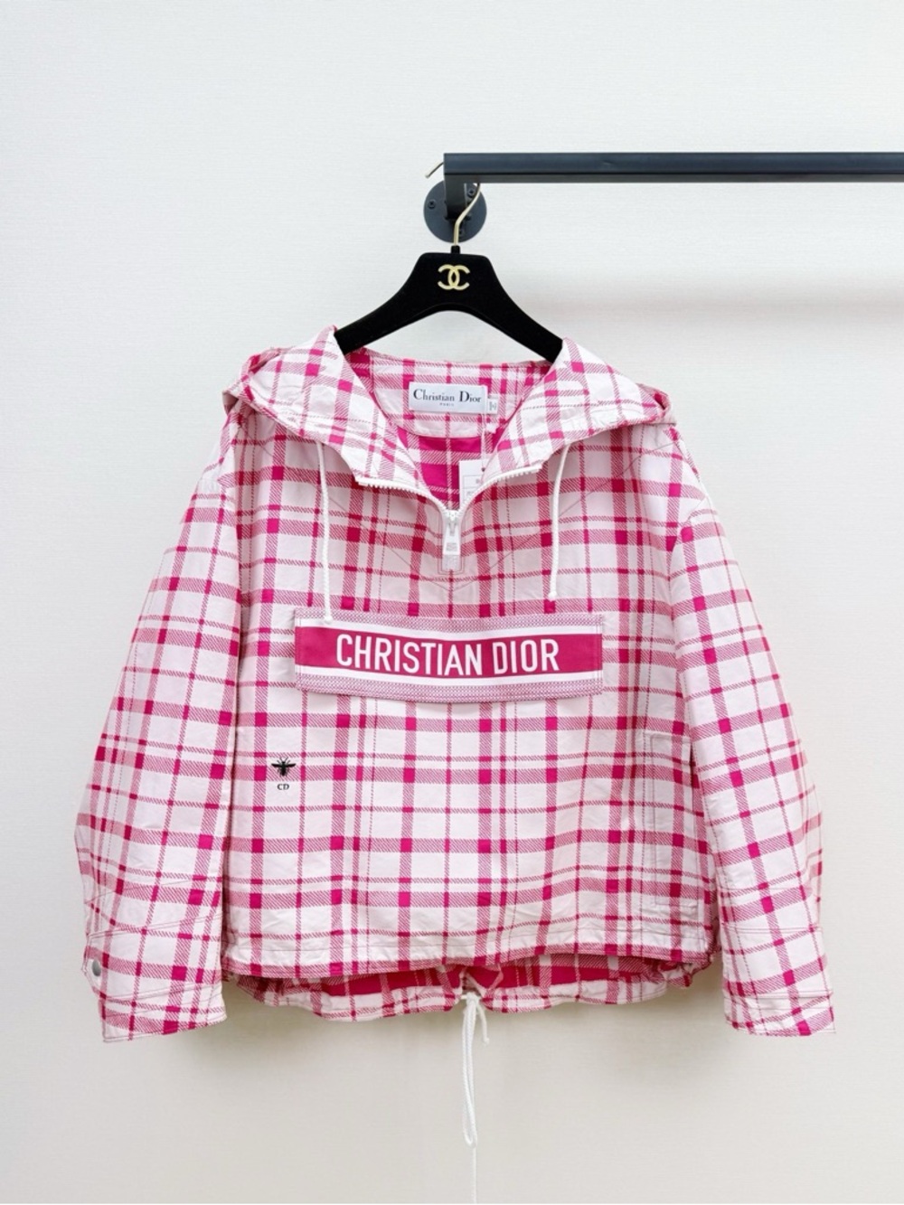 Authentic Dior Pink & White Plaid Hooded Anorak